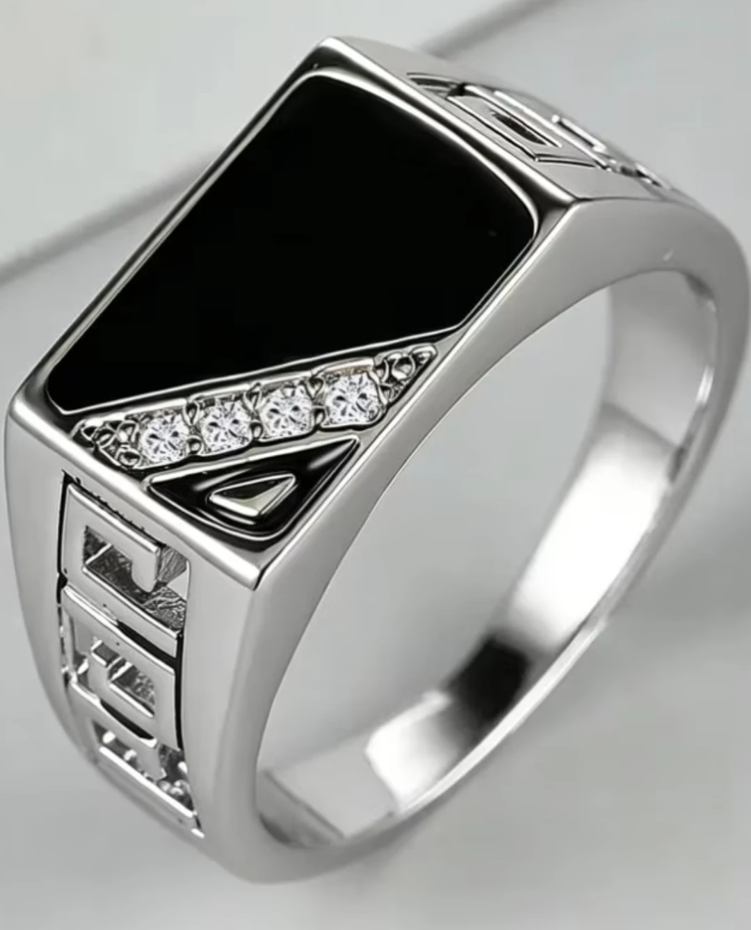 Men's Silver Signet Ring with Black Stone - photo 3