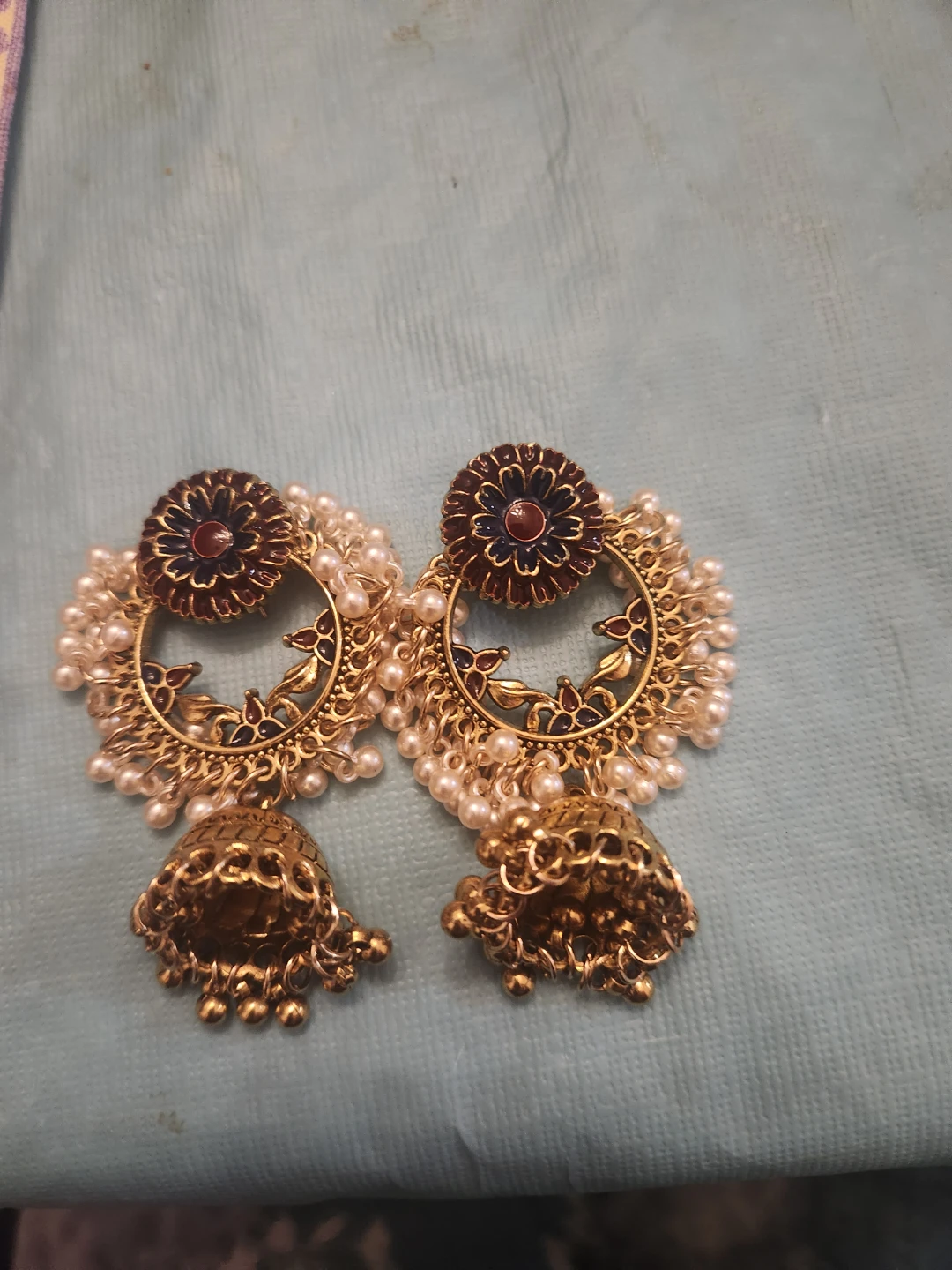 Gold Jhumka Earrings with Pearls