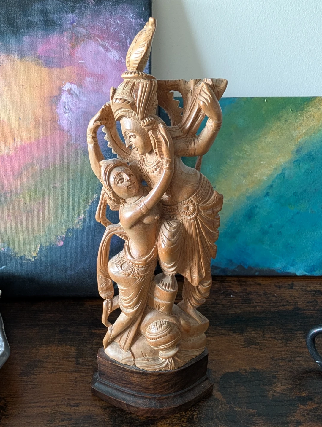 Hand-Carved Wooden Radha Krishna Statue - Indian Spiritual Art