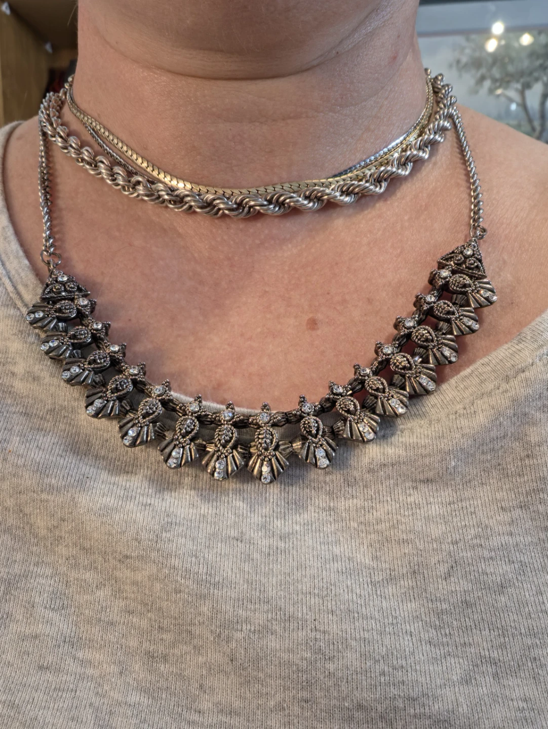 Silver-tone Statement Necklace with Rhinestones