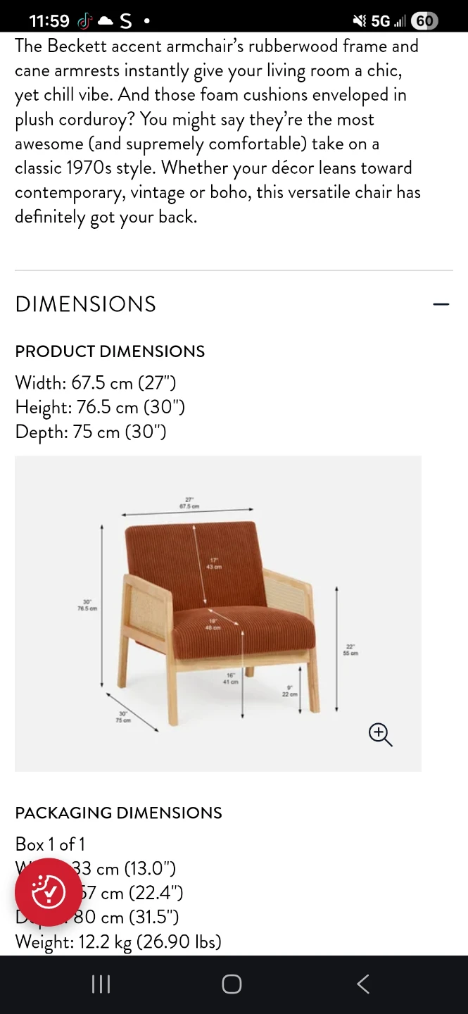 Beckett Accent Armchair - Terracotta Corduroy & Cane - photo 5