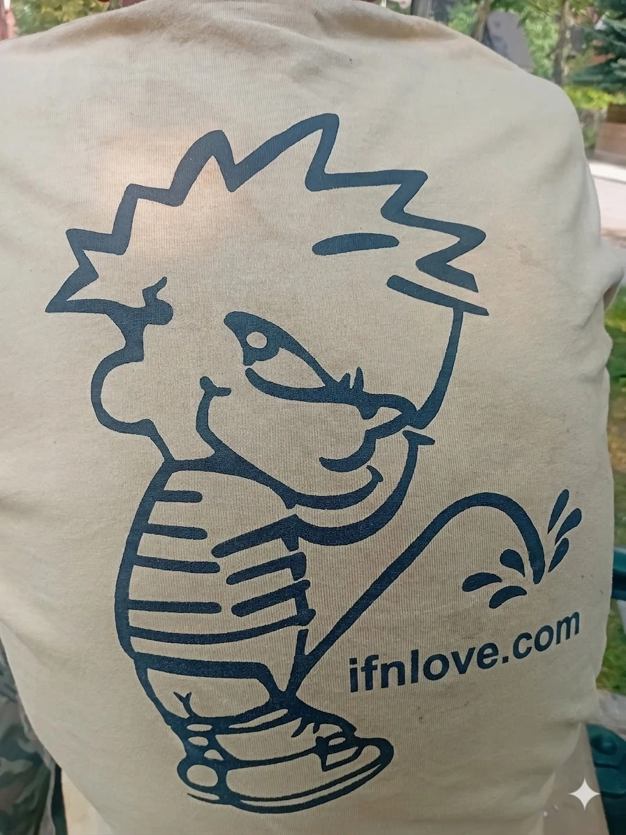 Tan T-shirt with Calvin & Hobbes inspired graphic