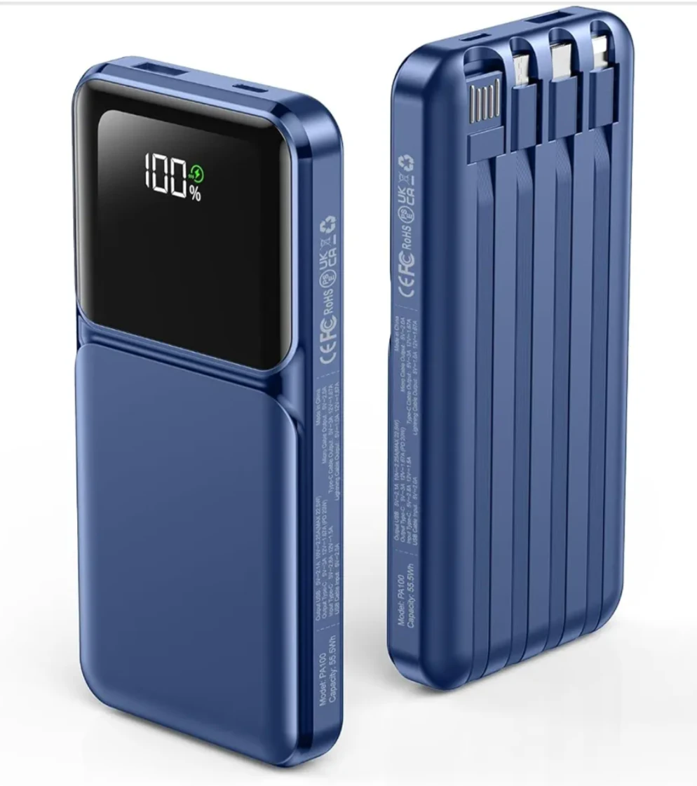 20000mAh All-in-One Portable Power Bank with 4 Built-In Cables