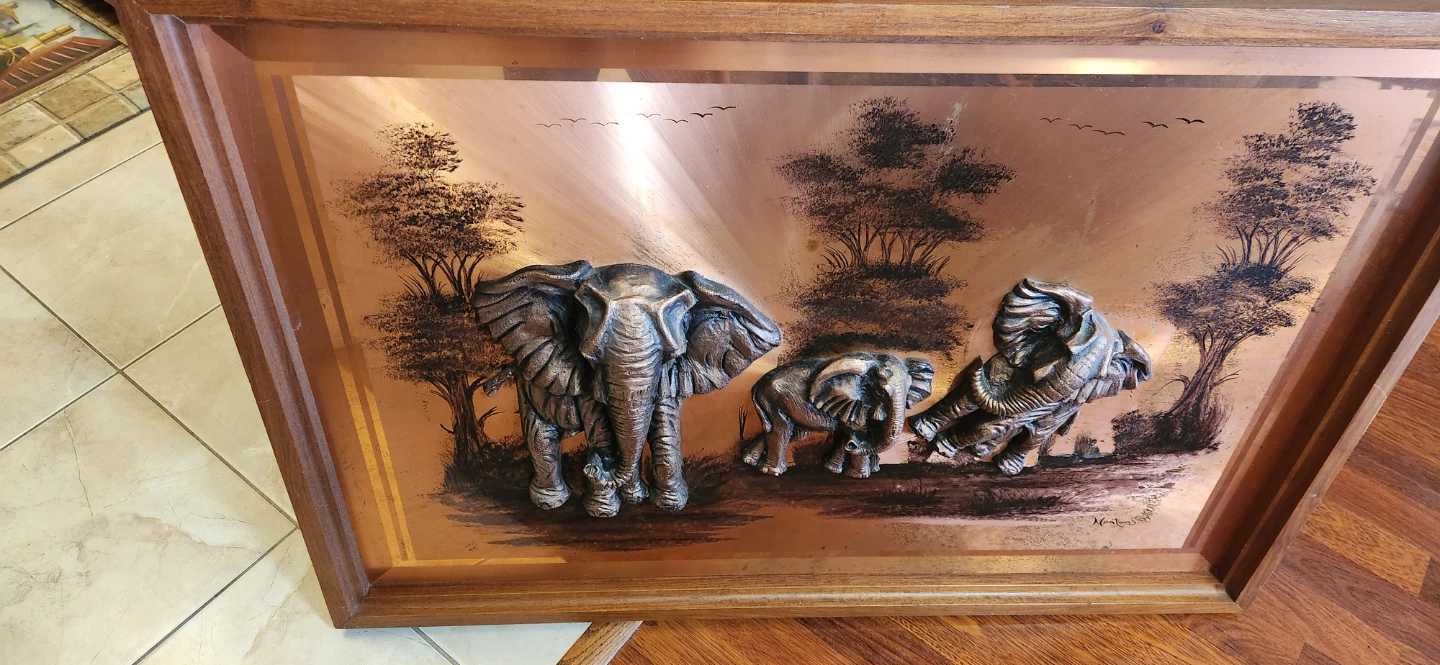 Framed Embossed Copper Art - Elephants