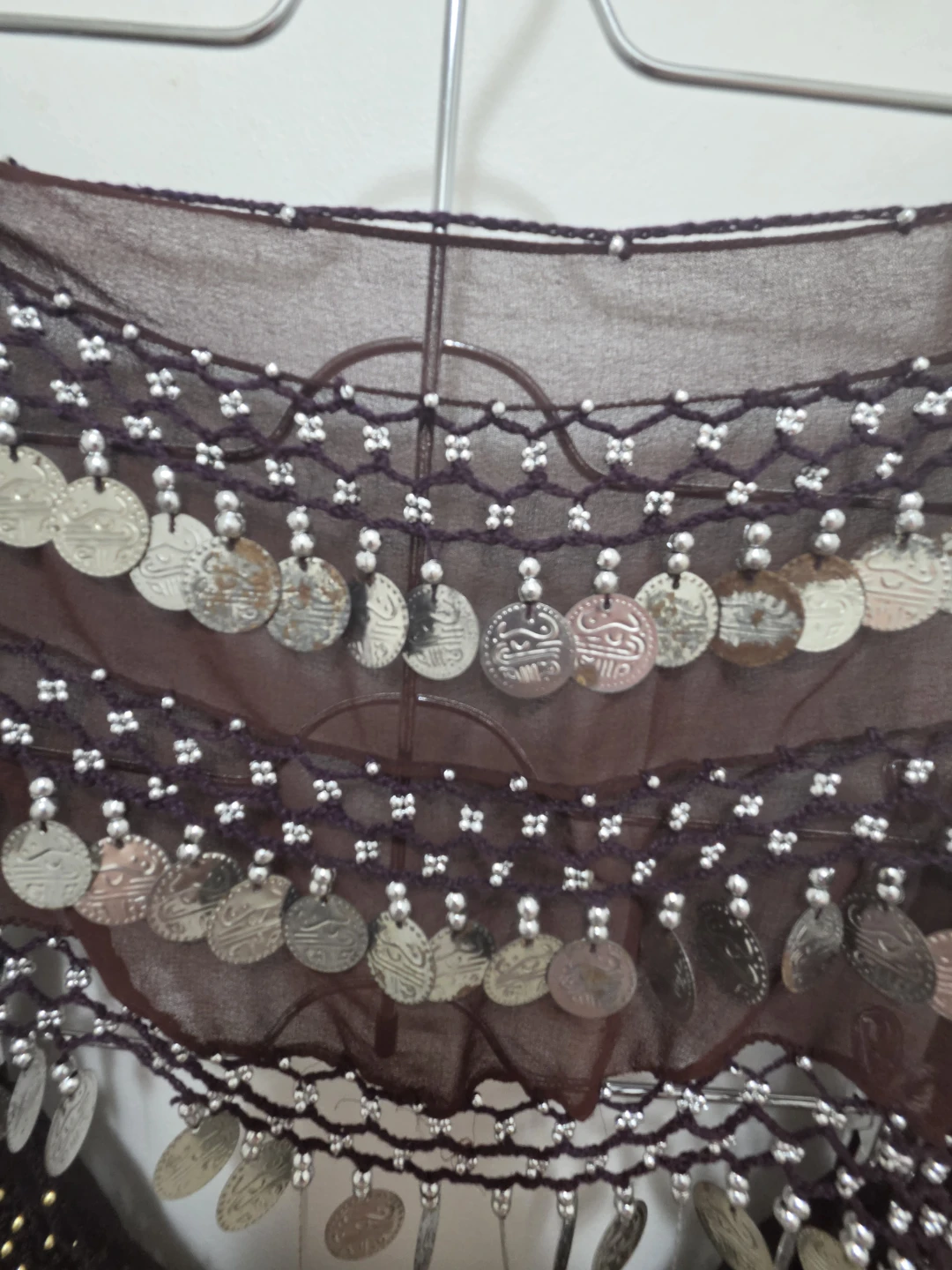 Brown belly dance hip scarf with coins