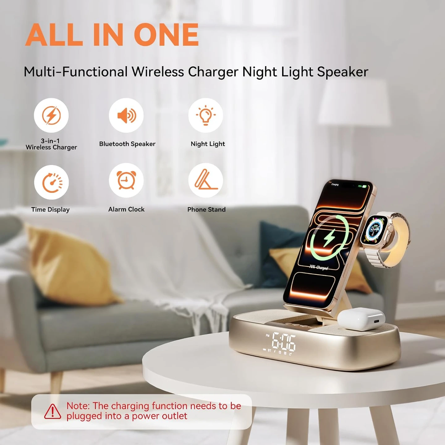 3-in-1 Wireless Charger Station, Bluetooth Speaker, Alarm Clock - photo 4