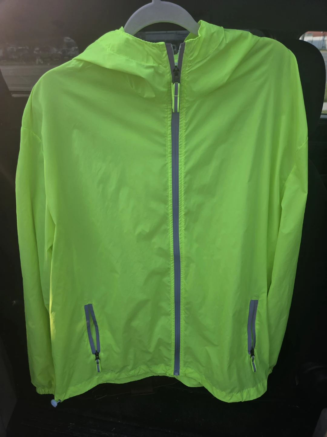 Men's reflective jacket.  Nylon lightweight hooded, Neon. XXXL.