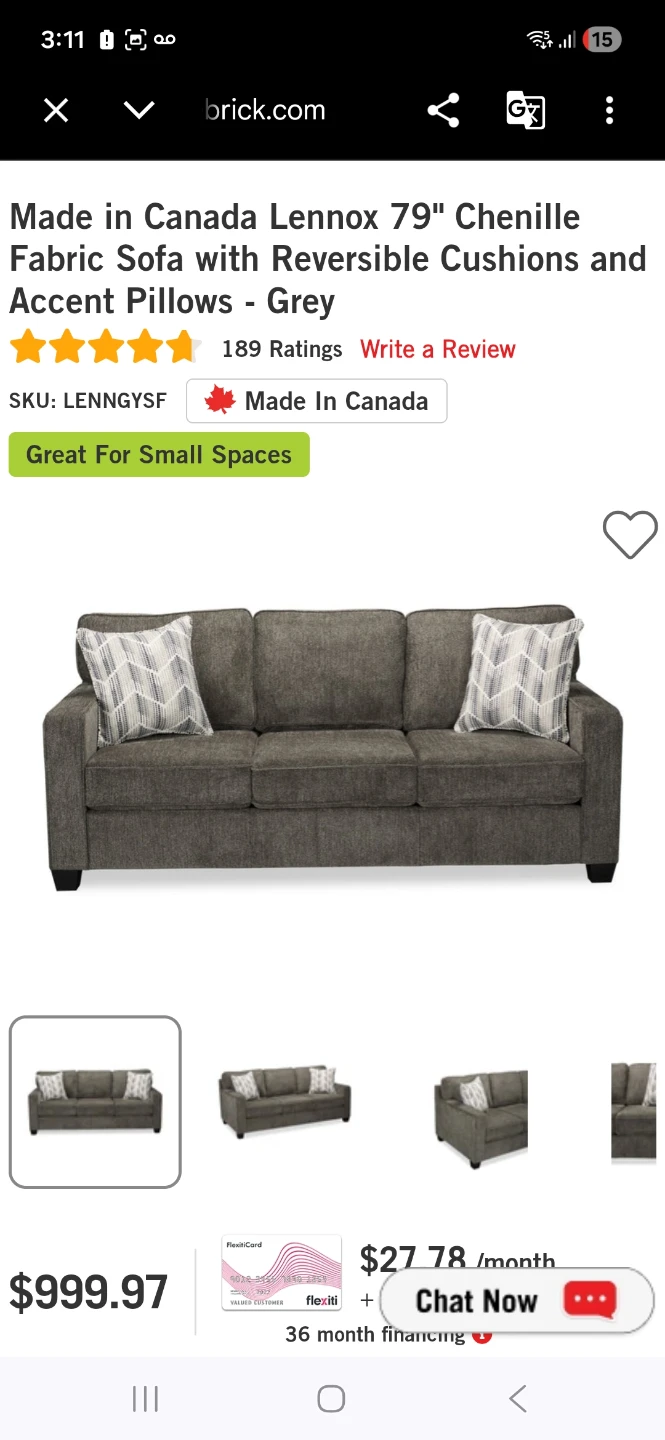 Lennox 79" Chenille Fabric Sofa - Grey - photo 2