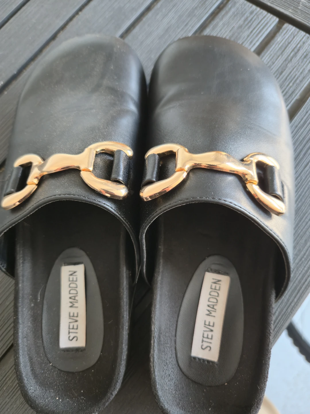 Steve Madden Black Mules with Gold Buckle