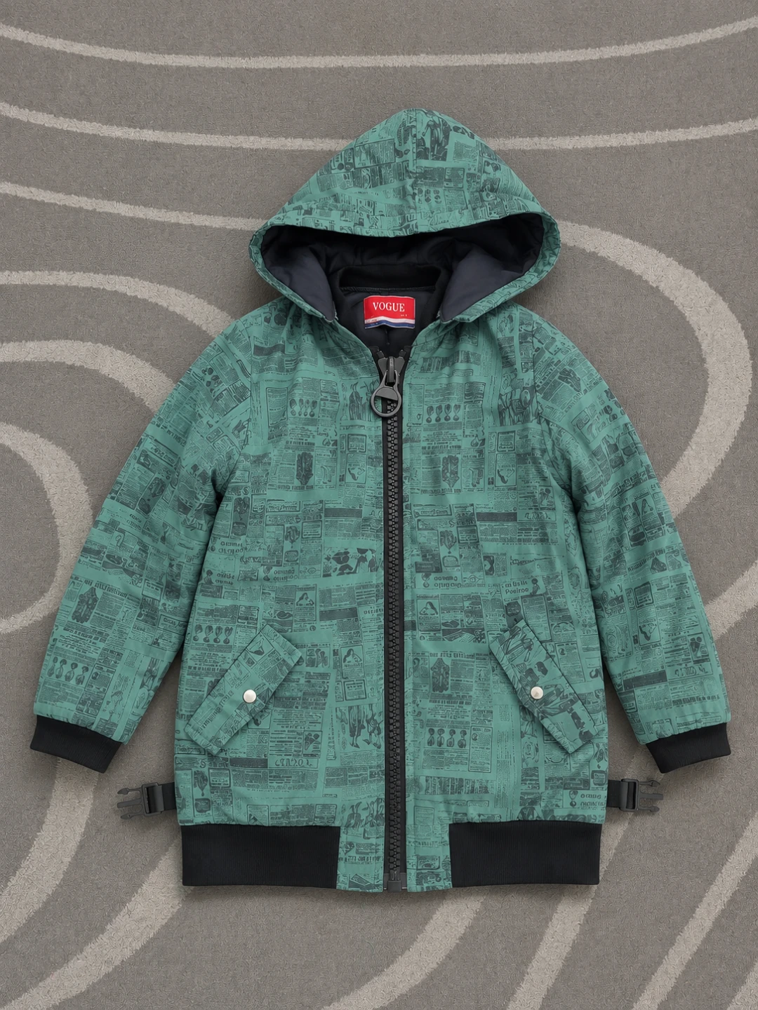 VOGUE  Green Newspaper Print Hooded Jacket