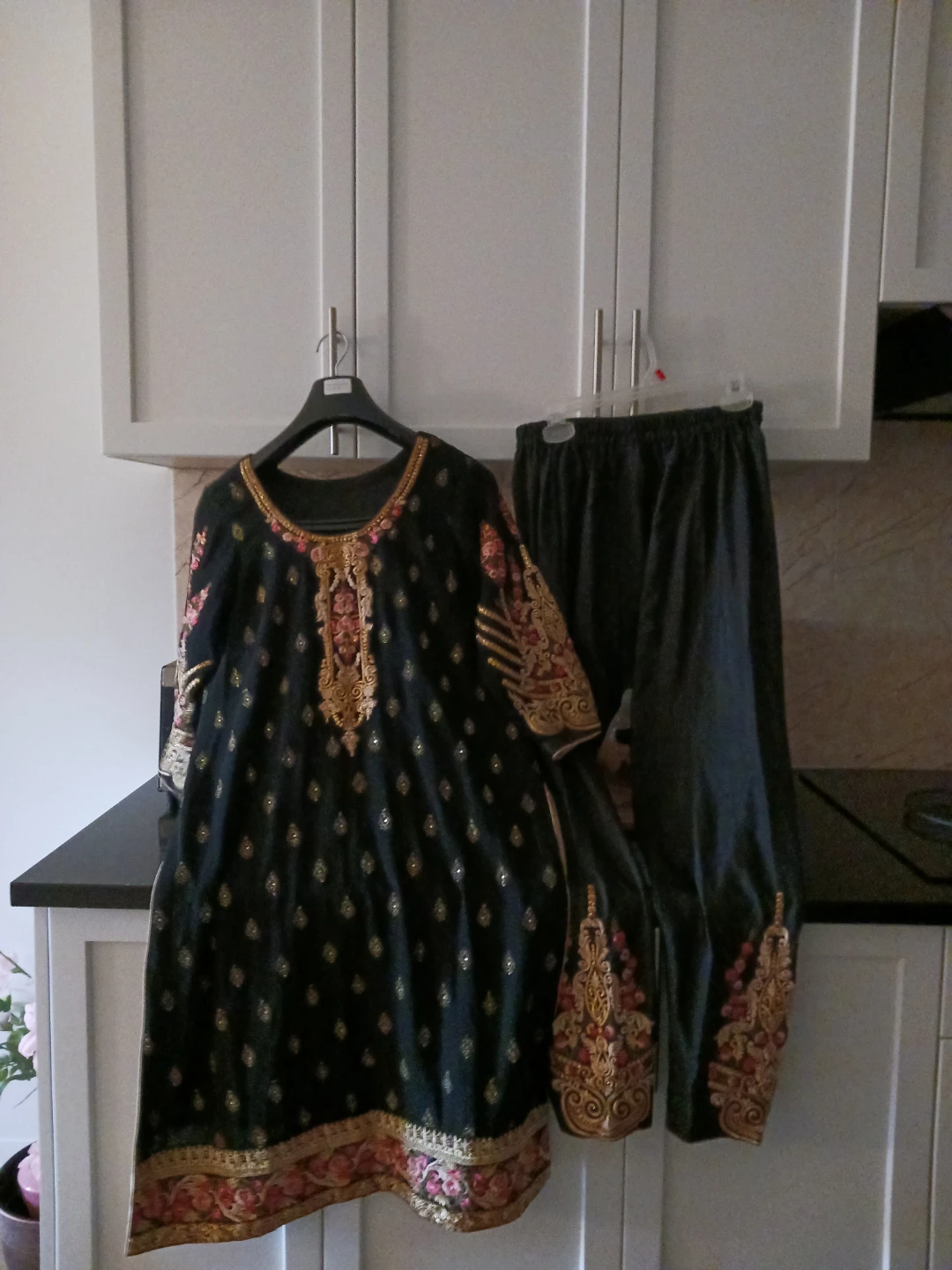 Embroidered Black Kurti and Pants Set occasionally used
