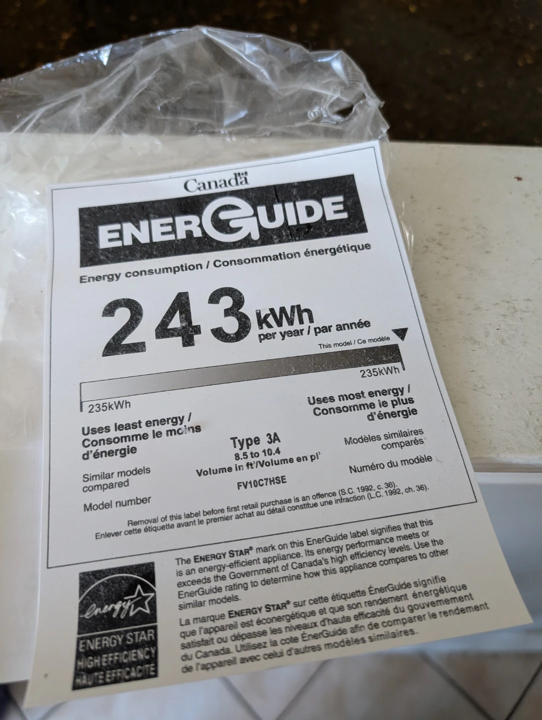 Canada EnerGuide Sticker for Freezer