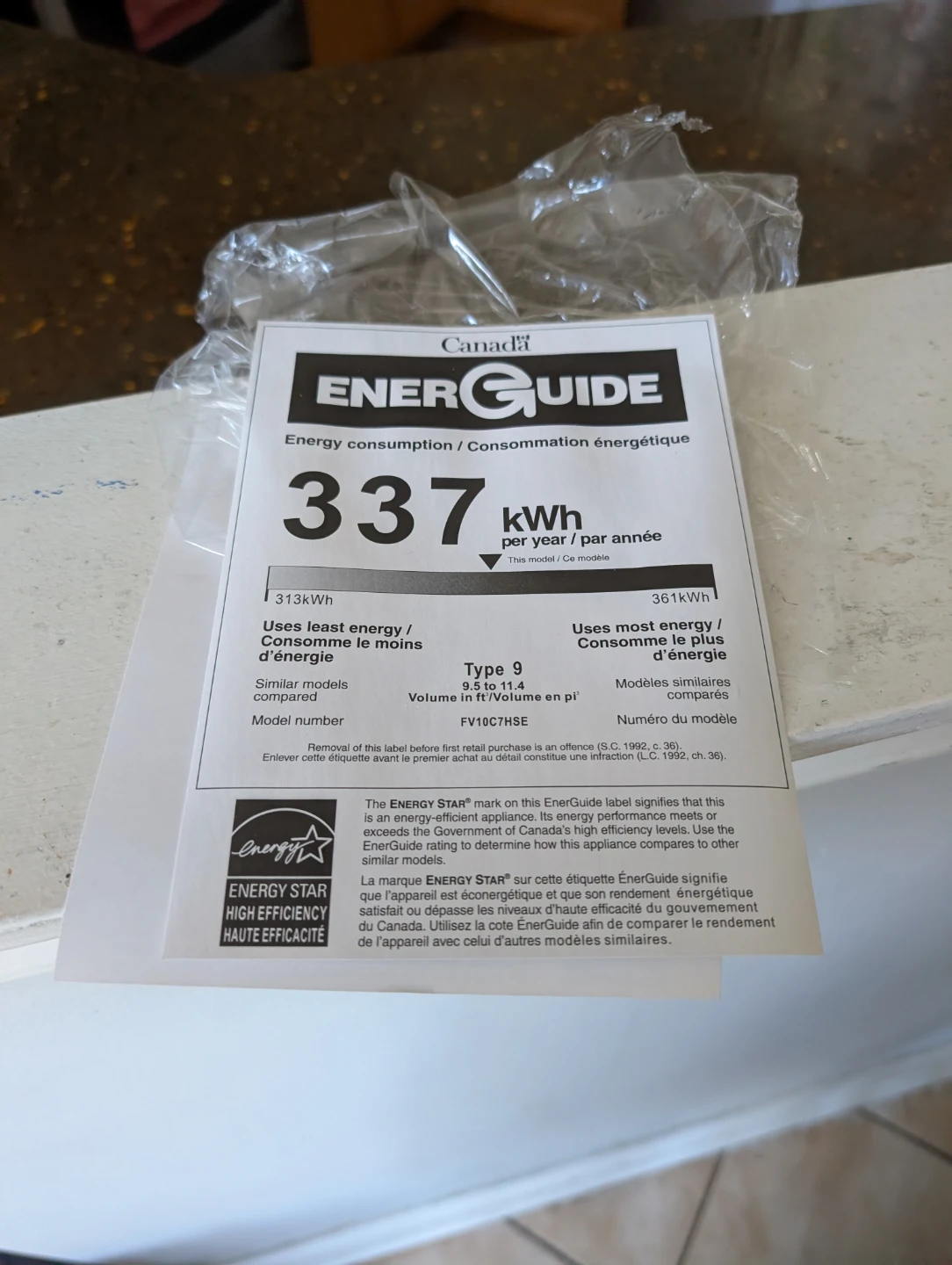 Canada EnerGuide Sticker for Freezer - photo 2