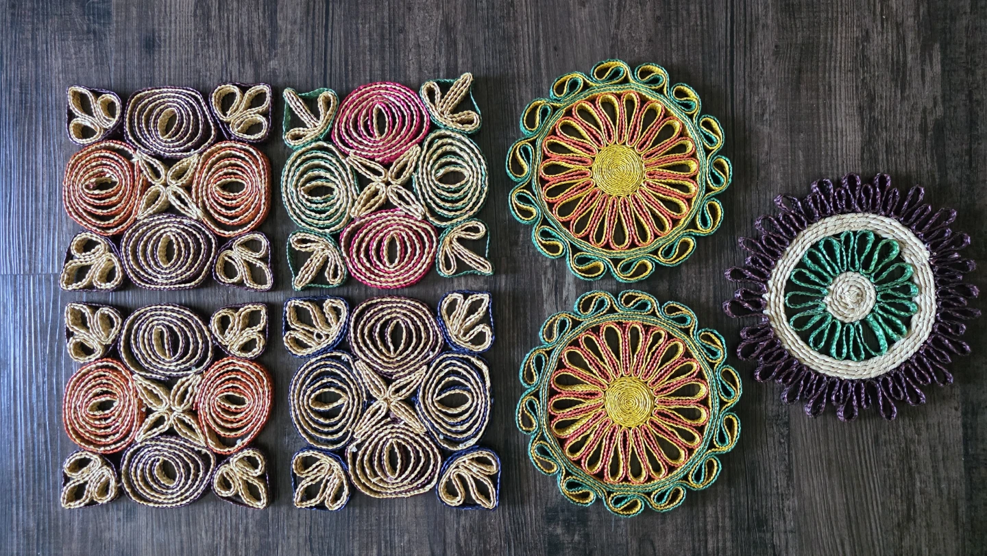 Set of 7 Woven Coasters - Square & Round Designs