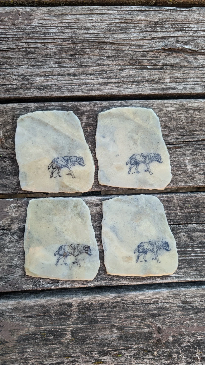 Set of 4 Stone Coasters with Wolf Design