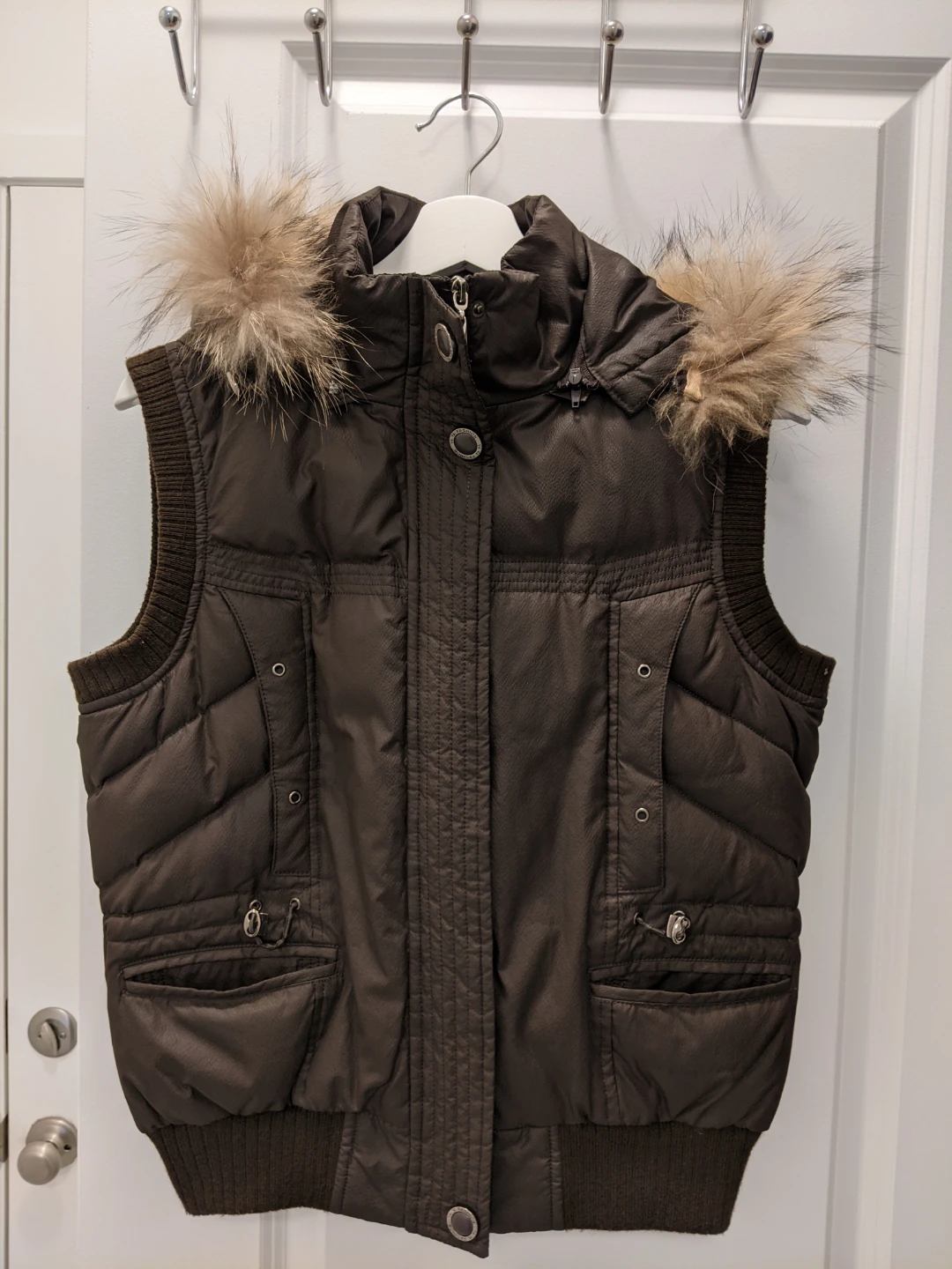 Brown Puffer Vest with Faux Fur Hood