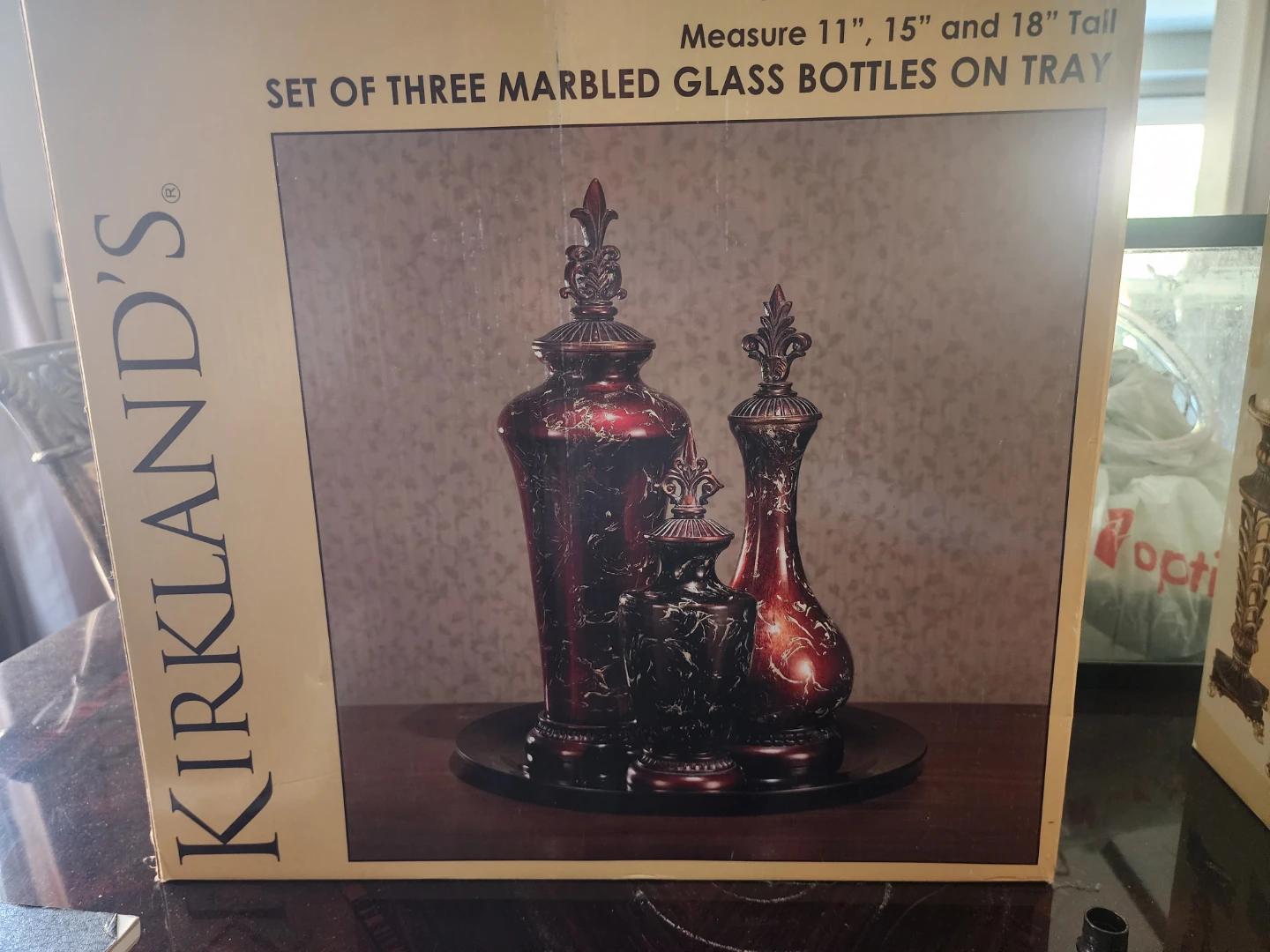 Set of 3 Decorative Marbled Glass Bottles on Tray