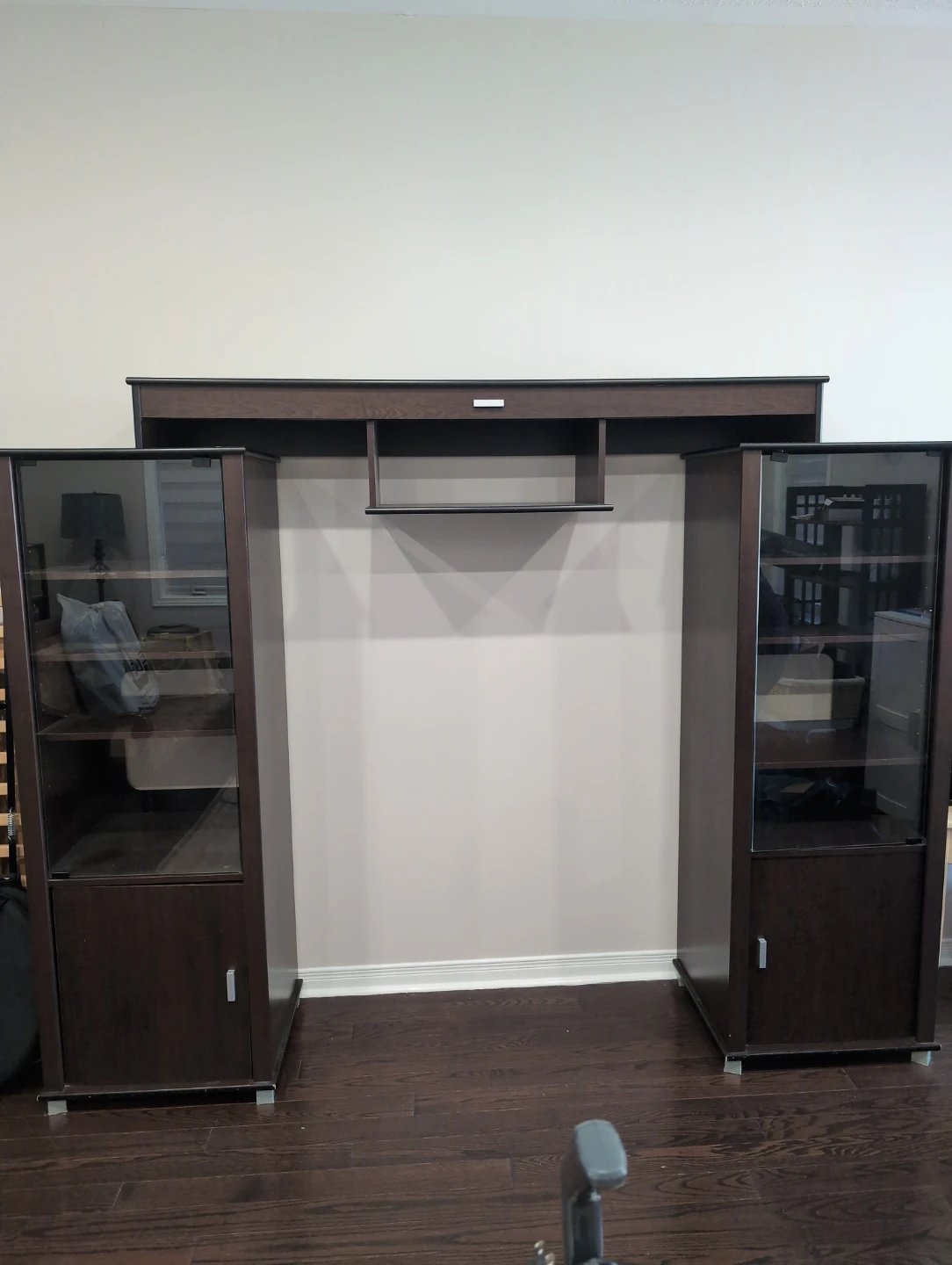 Dark Wood Entertainment Unit with Glass Display Cabinets