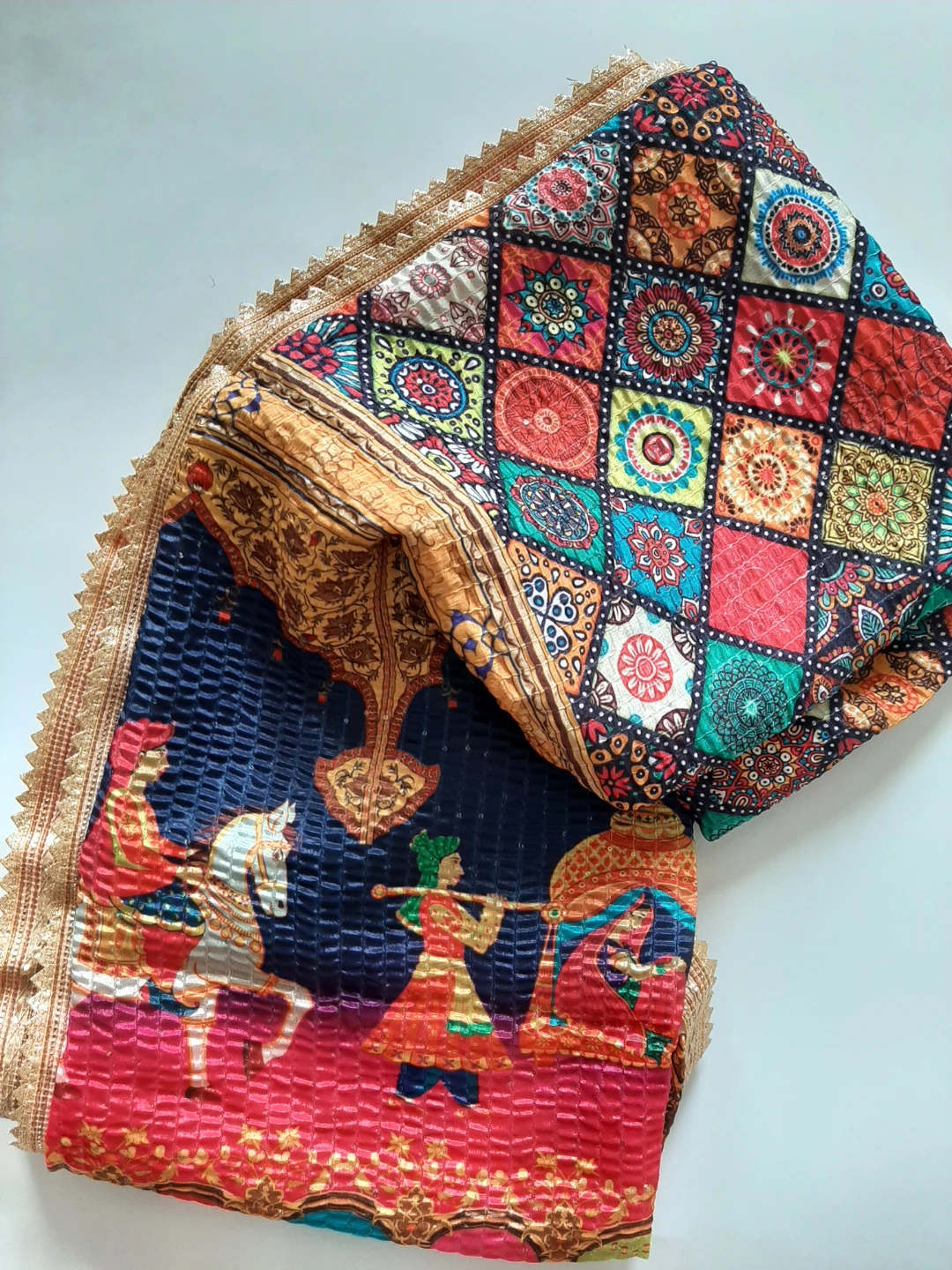 Vibrant Royal Mughal Printed Dupatta with Gold Trim