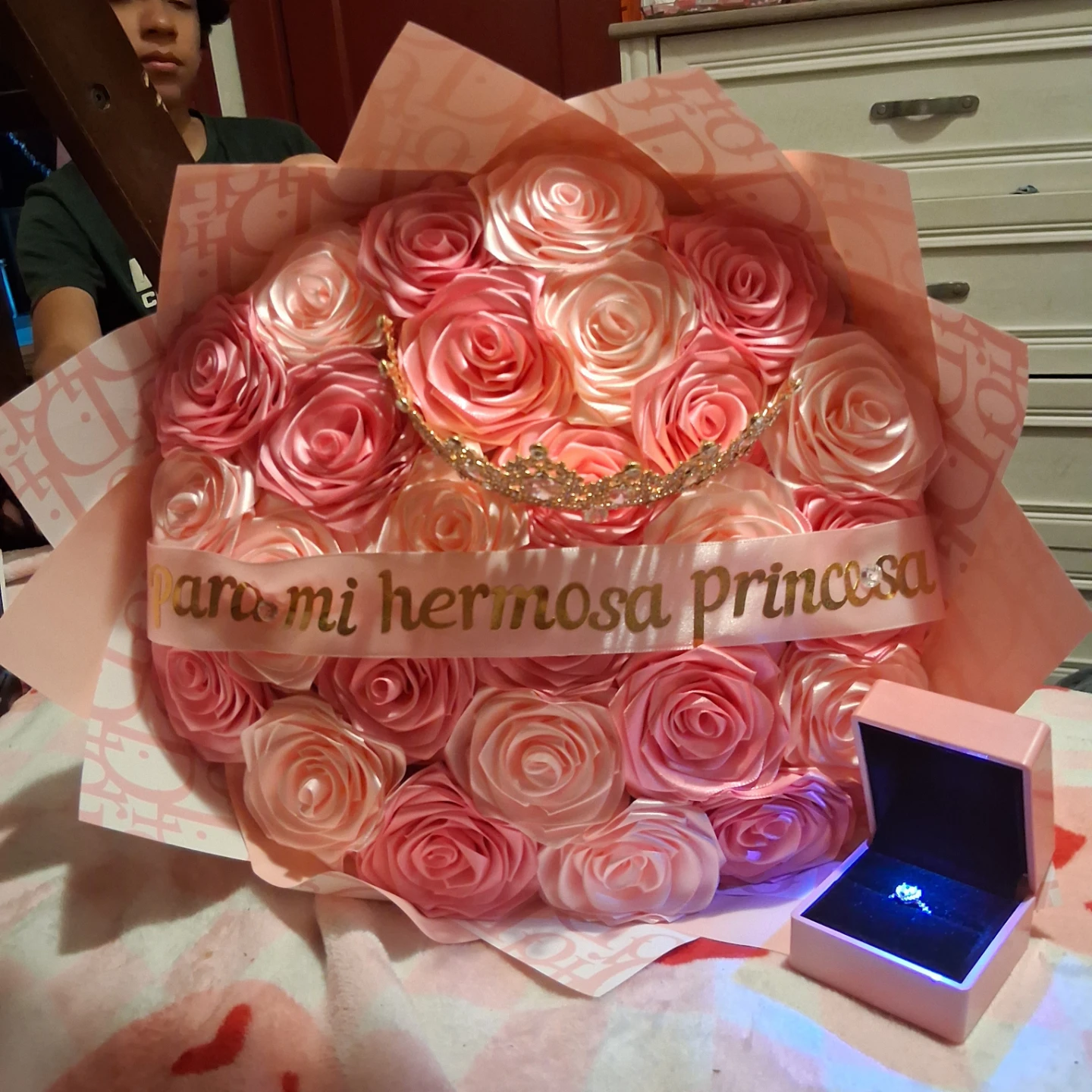Artificial Rose Bouquet with Tiara and Ring Box