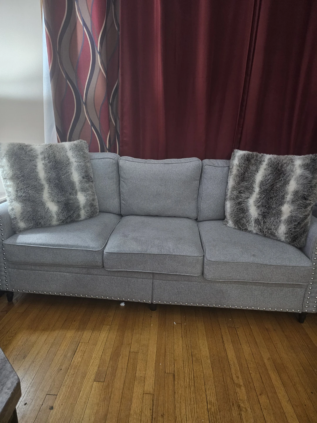 Grey Fabric Sofa with Studded Accents