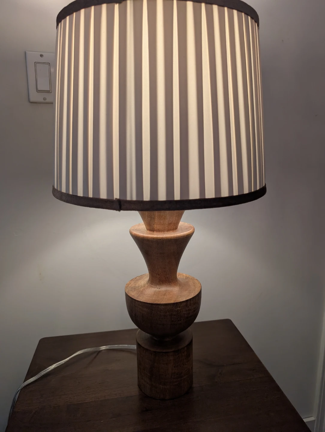 Wooden Table Lamp with Striped Shade
