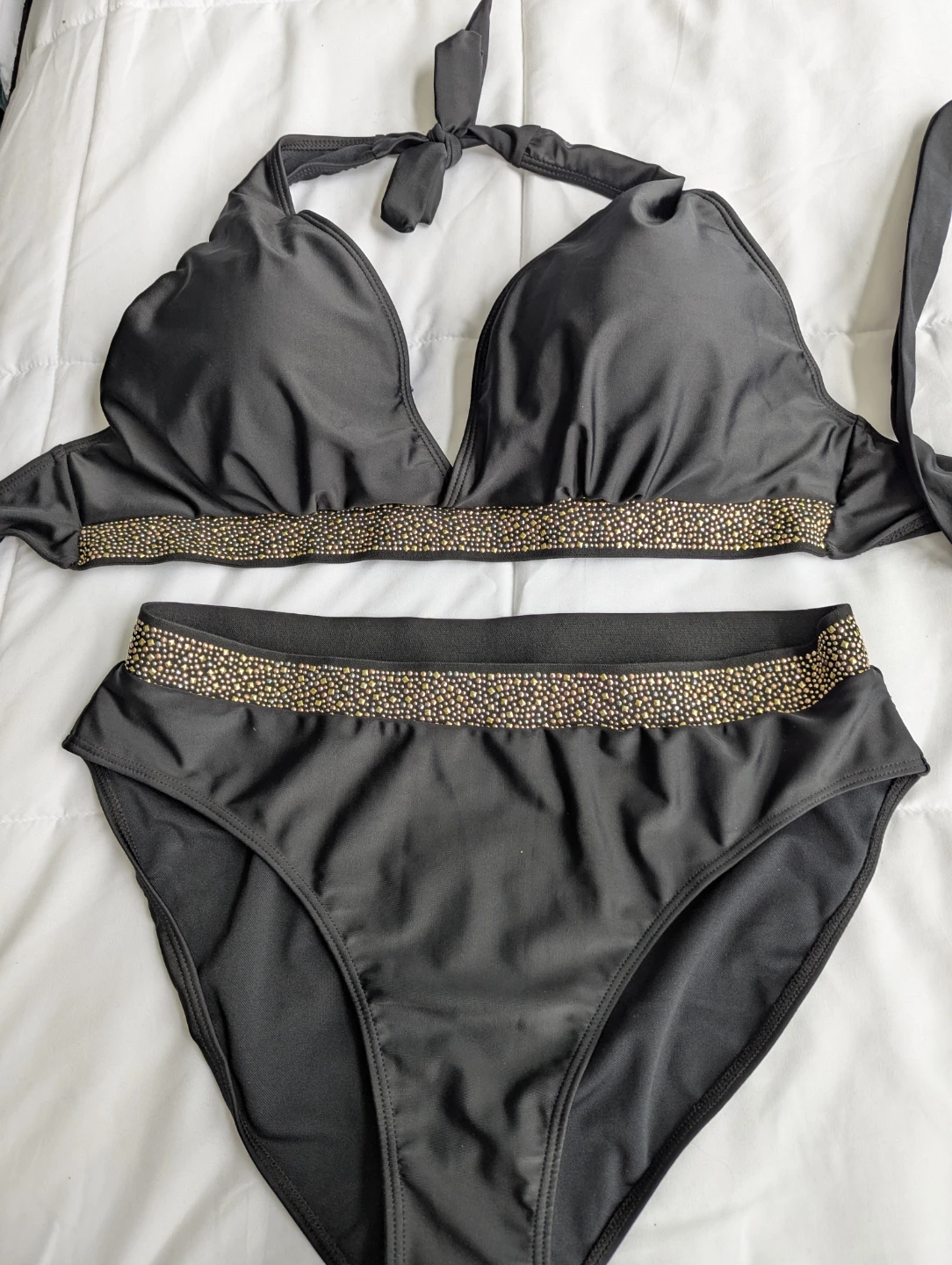 Black Bikini Set with Gold Embellishments - Size 2XL