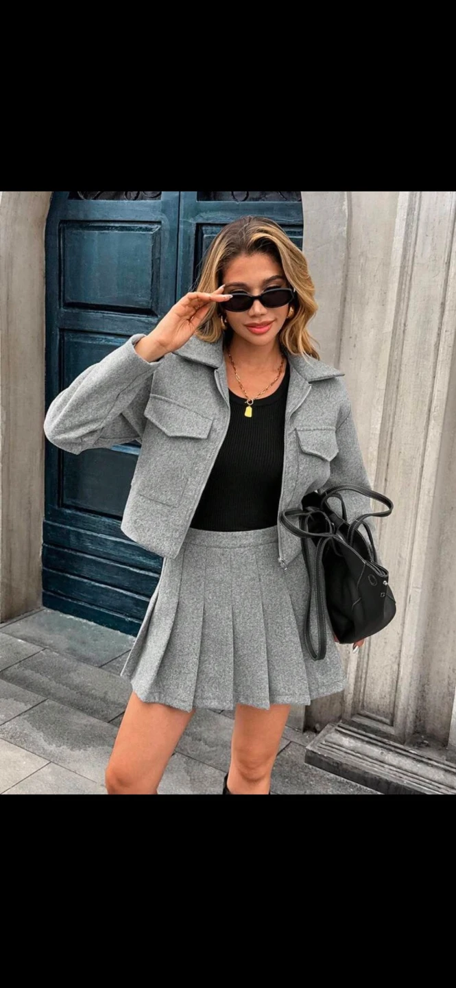 Grey Two-Piece Jacket and Pleated Skirt Set