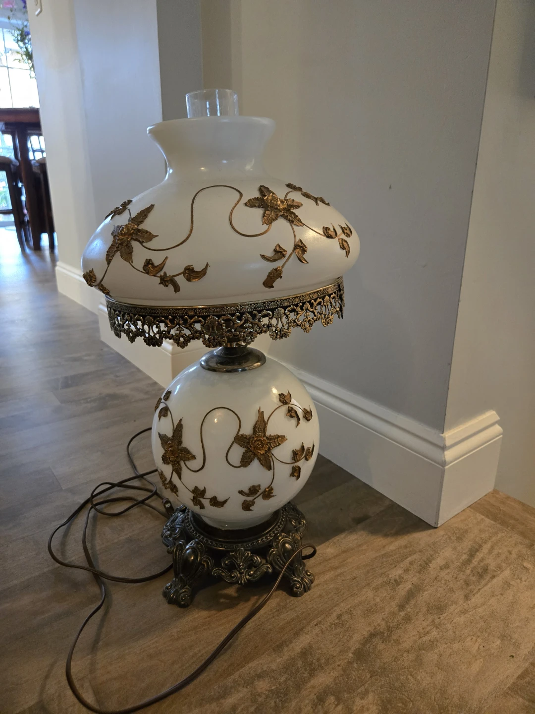 Vintage White Milk Glass Table Lamp with Floral Accents