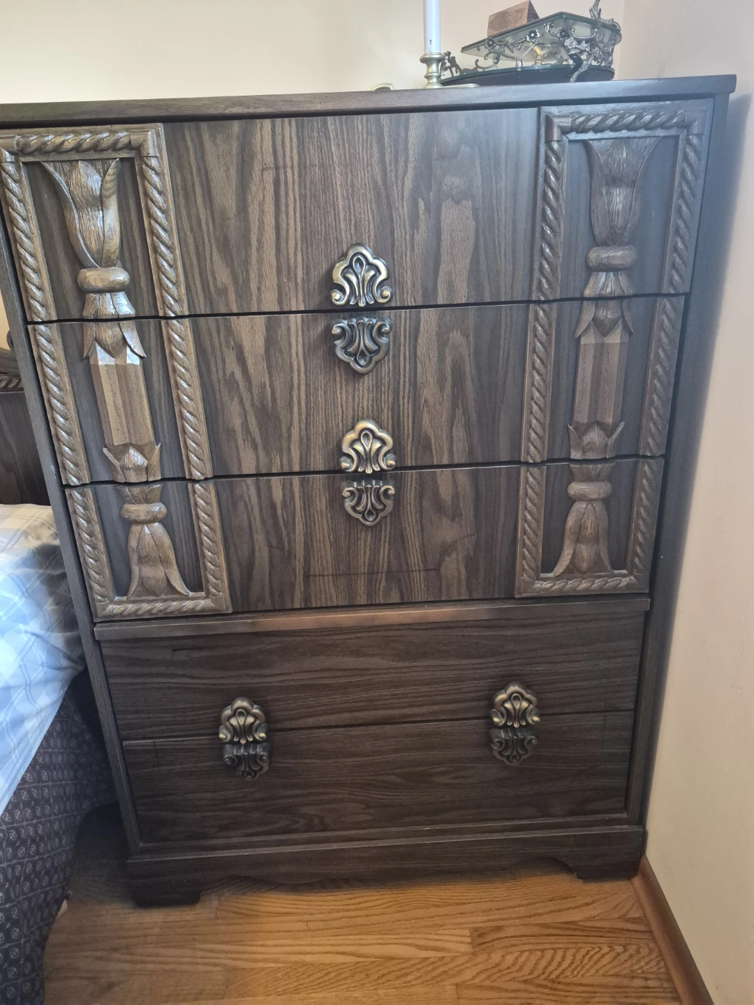 Vintage Dark Wood Dresser with Ornate Details