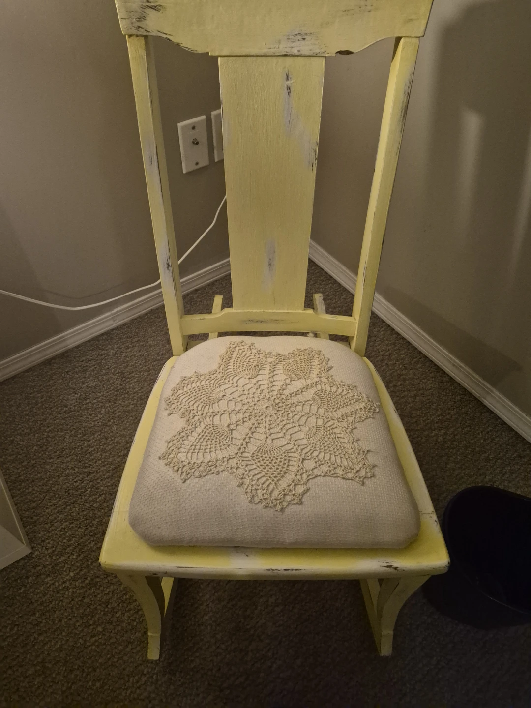 Yellow Distressed Accent Chair with Doily