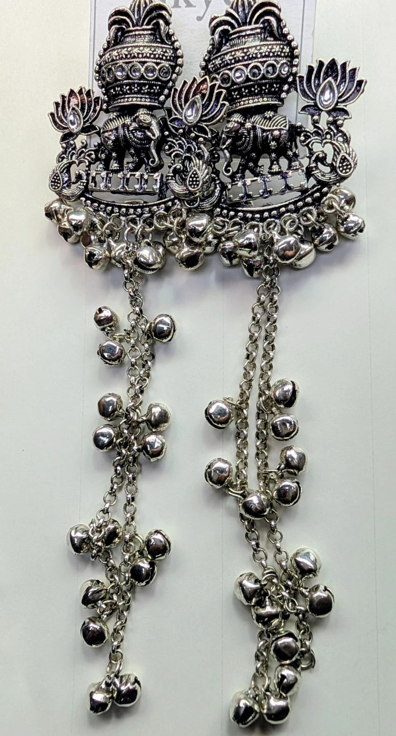 Indian Elephant Dangle Kashmiri Earrings with Bells