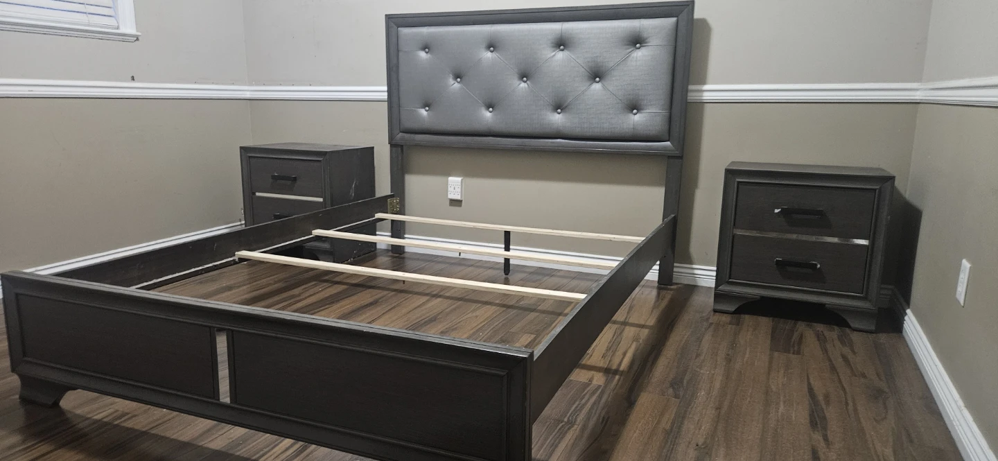 Dark Grey Tufted Headboard Bed Frame with 2 Nightstands