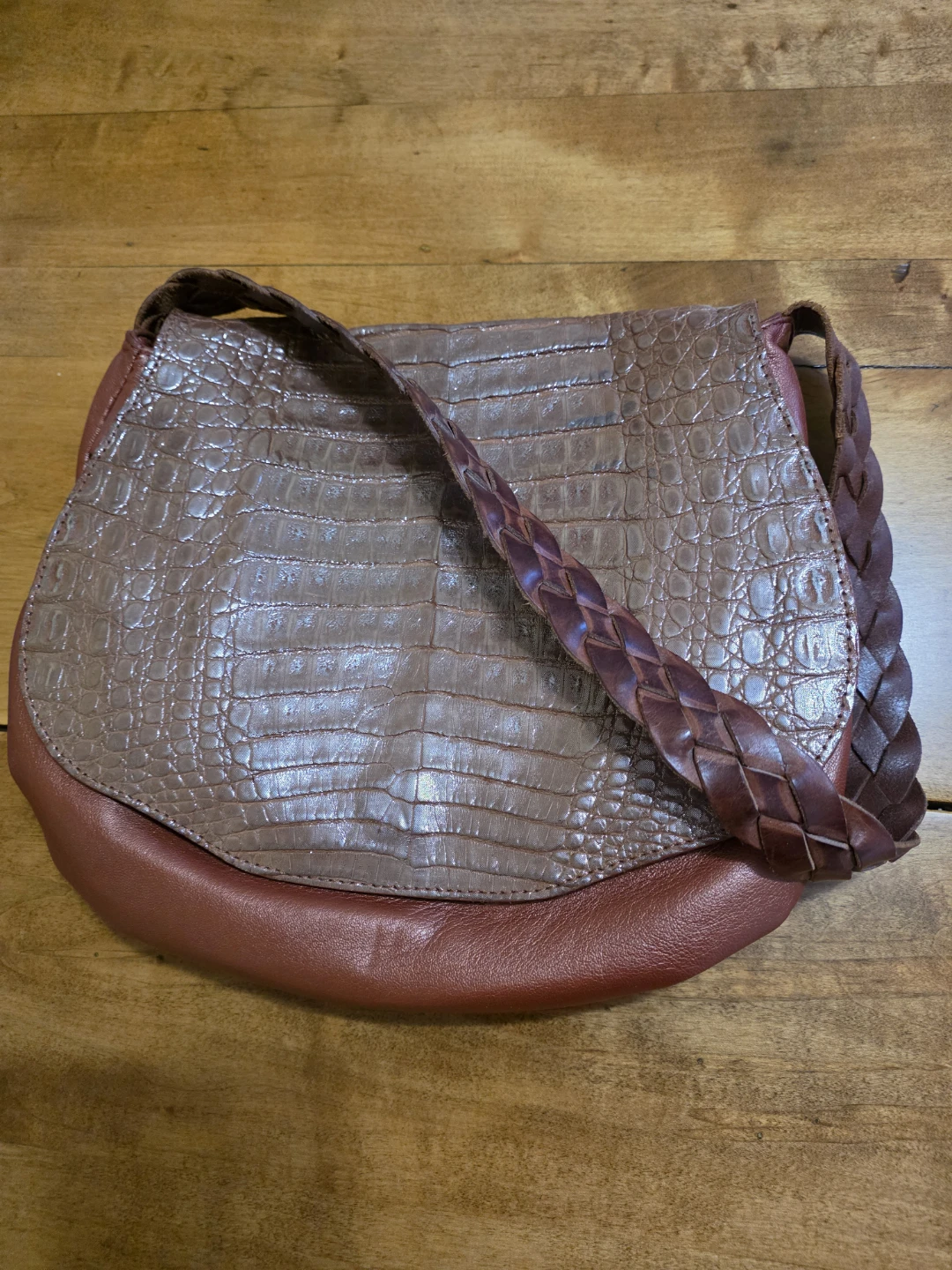 Pinkish Brown Leather and Crocodile Shoulder Bag