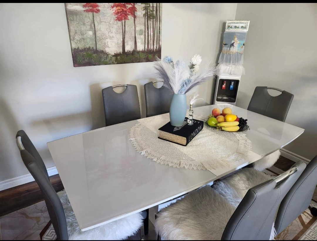 Modern White Dining Table with 6 Grey Chairs