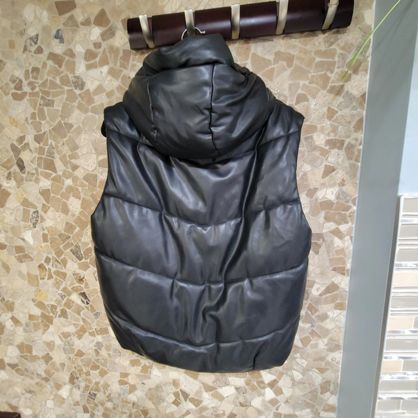 Black Faux Leather Puffer Vest with Hood - photo 2