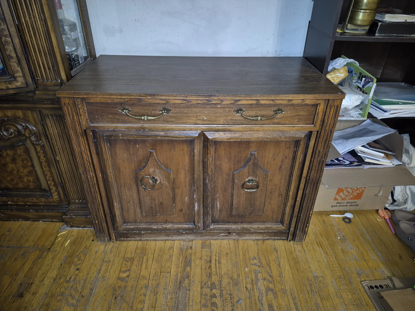 Antique wooden sideboard with pull put table and self storage