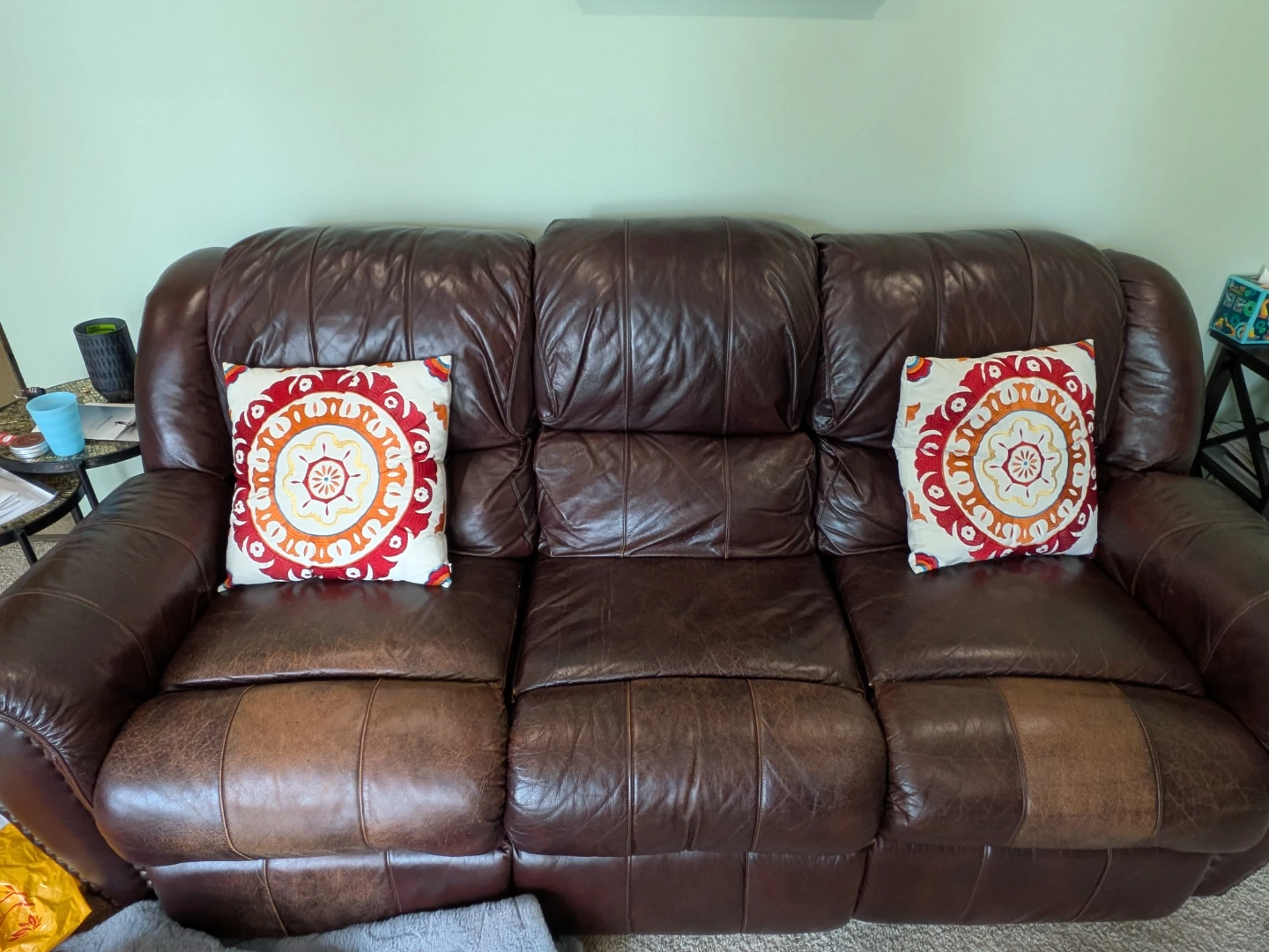 Brown Leather 3-Seater Recliner Sofa + Recliner Swivel Chair
