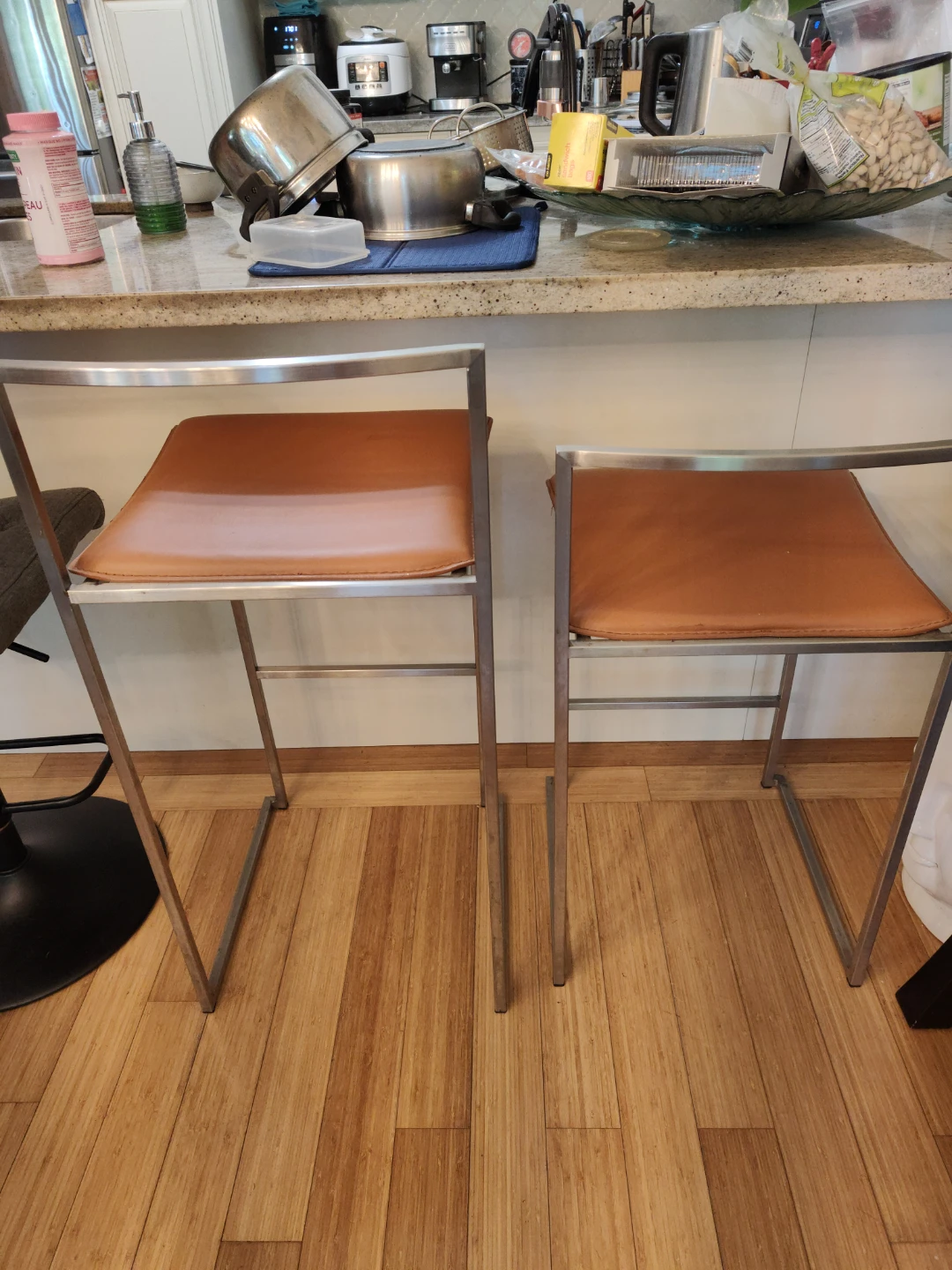 Set of 2 Metal and Faux Leather Bar Stools