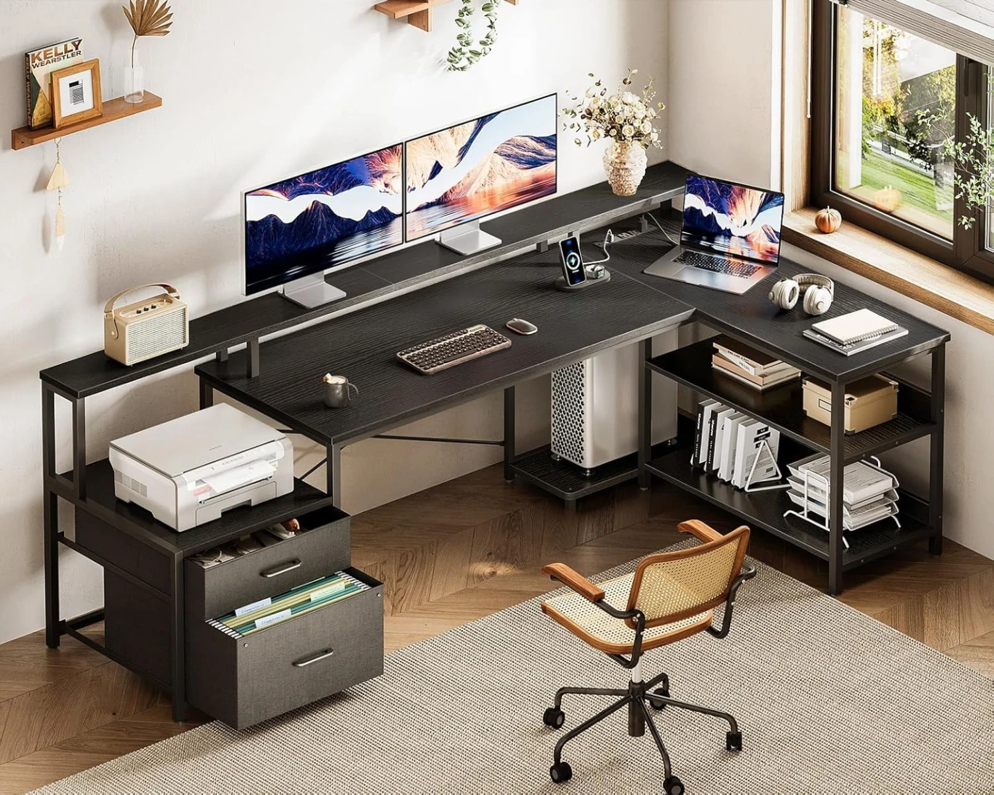 ODK L Shaped Desk with File Drawer, 75" Reversible Computer Desk - photo 4
