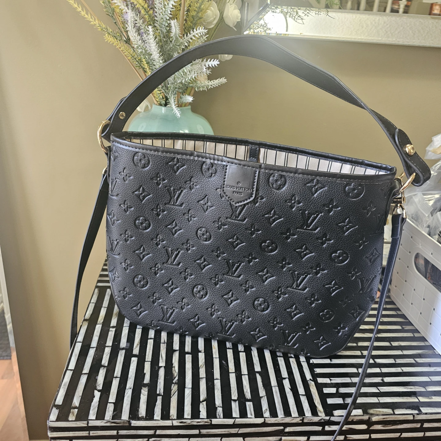 Lv Black Monogram Embossed Shoulder Bag