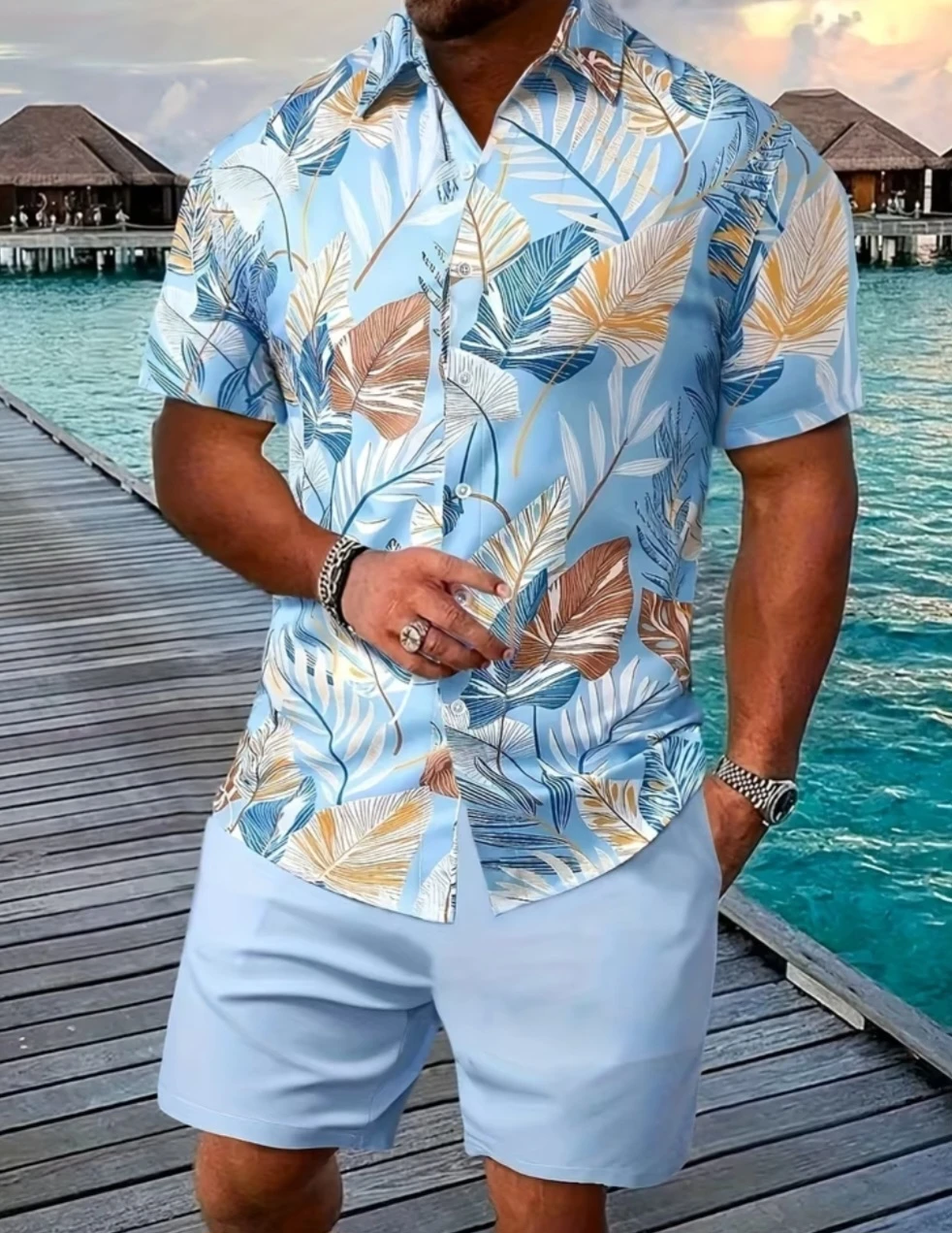 Men's Floral Print Short Sleeve Shirt and Shorts Set - photo 3