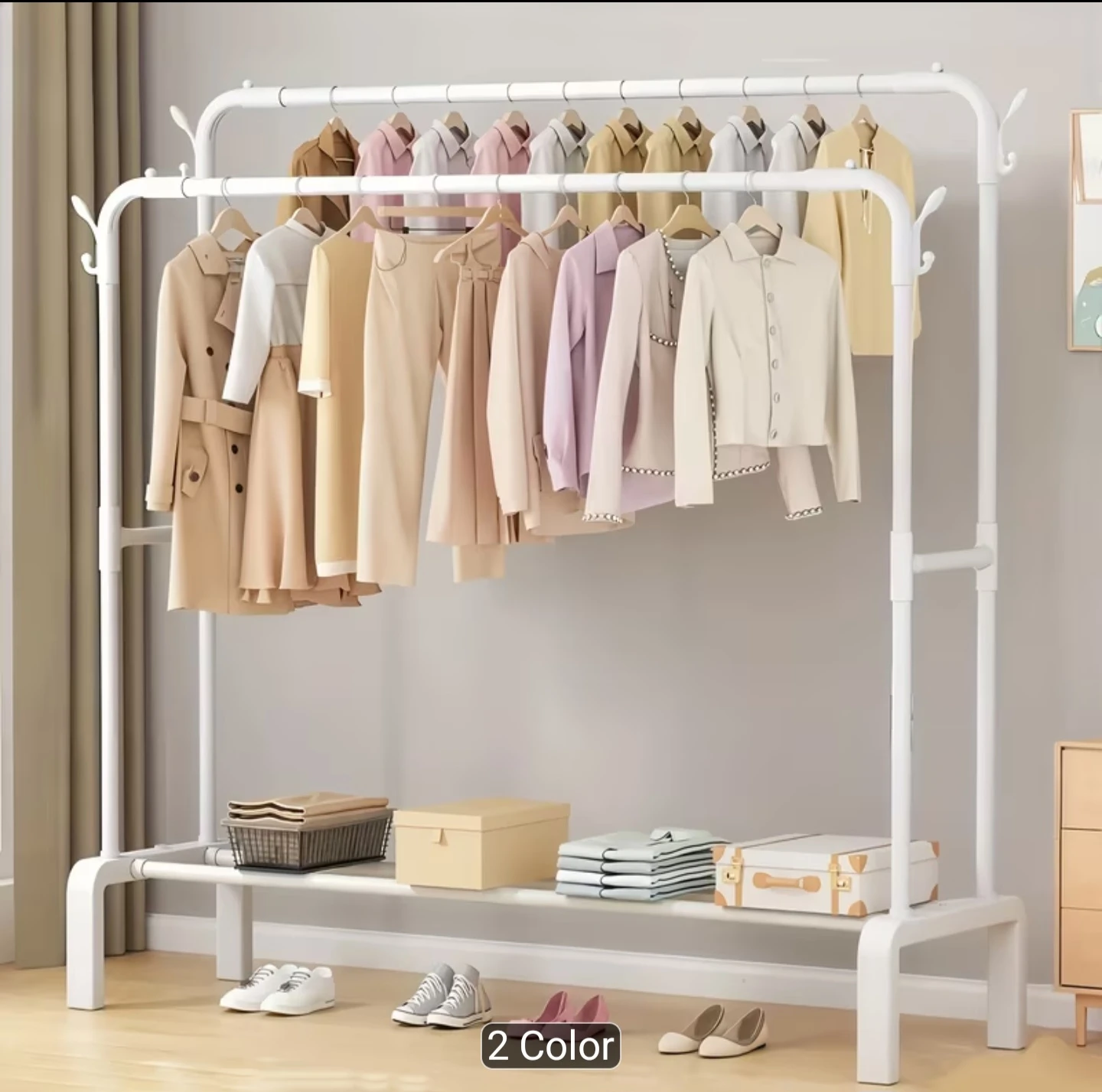White Double Rod Clothing Rack with Shelf