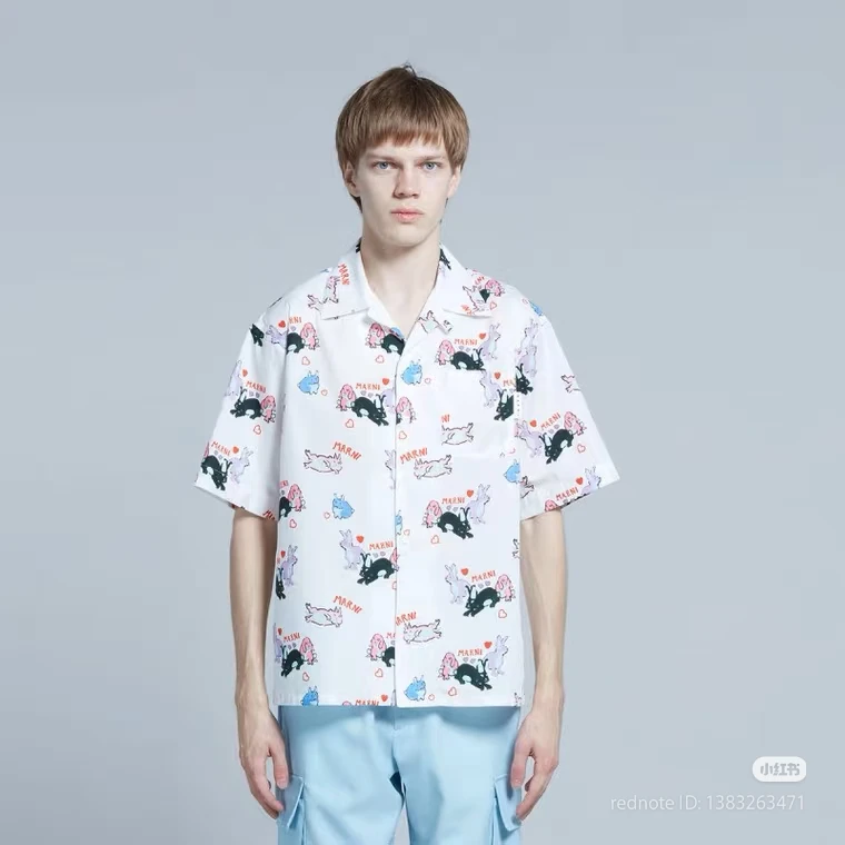 MARNI White Bunny Print Short Sleeve Button-Up Shirt
