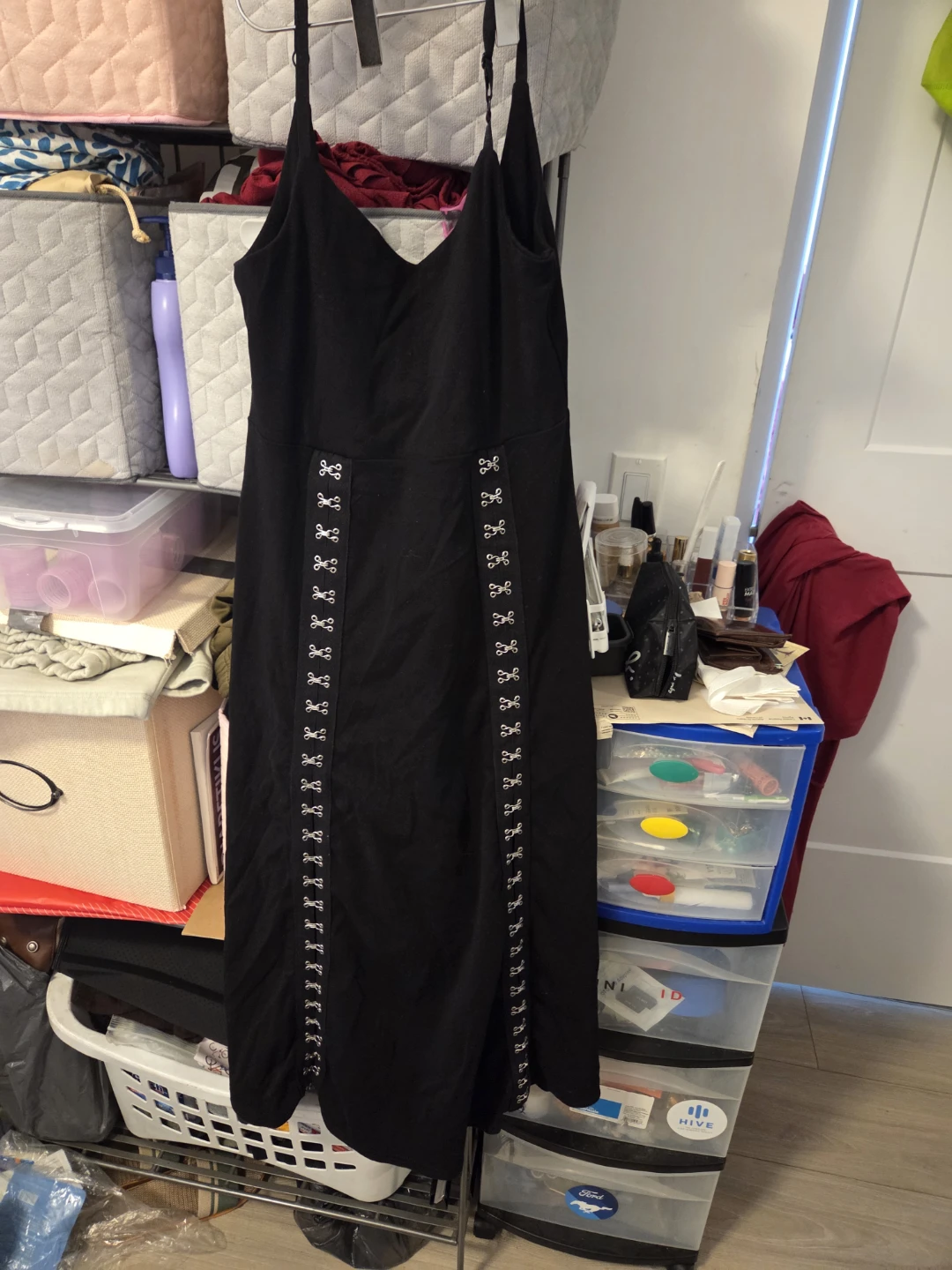Black Spaghetti Strap Dress with Hook-and-Eye Detail
