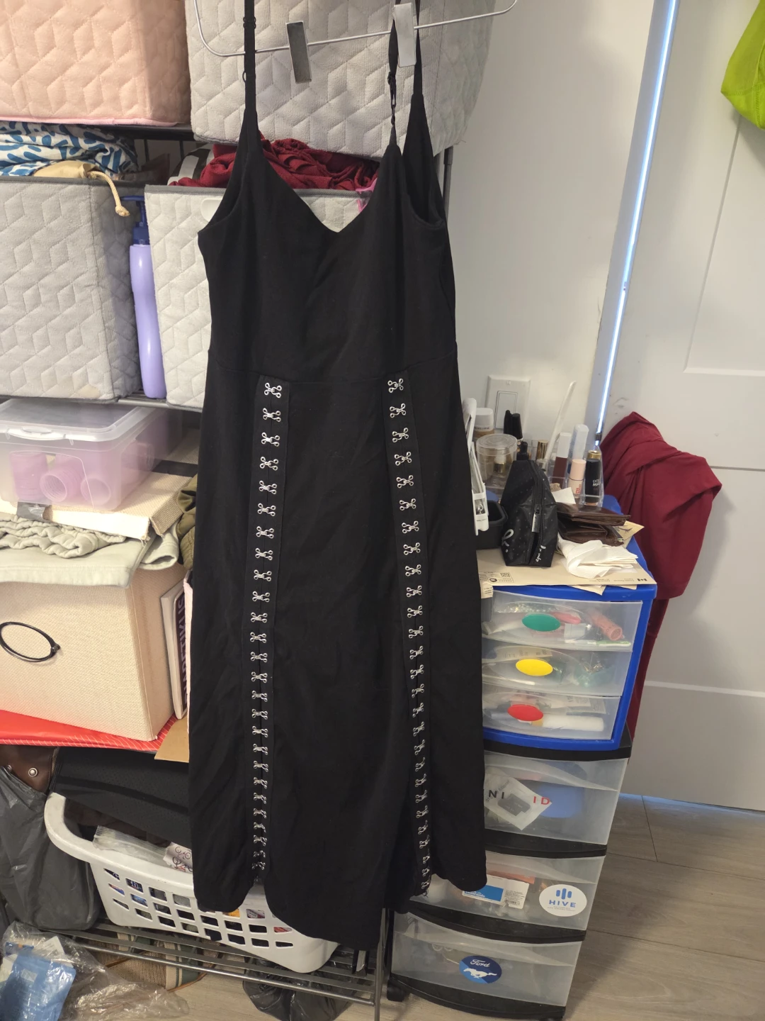 Black Spaghetti Strap Dress with Hook-and-Eye Detail - photo 2