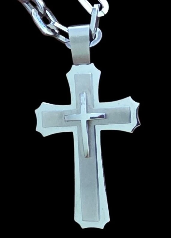 Silver Tone Cross Pendant Necklace with Chain and Bracelet - photo 4