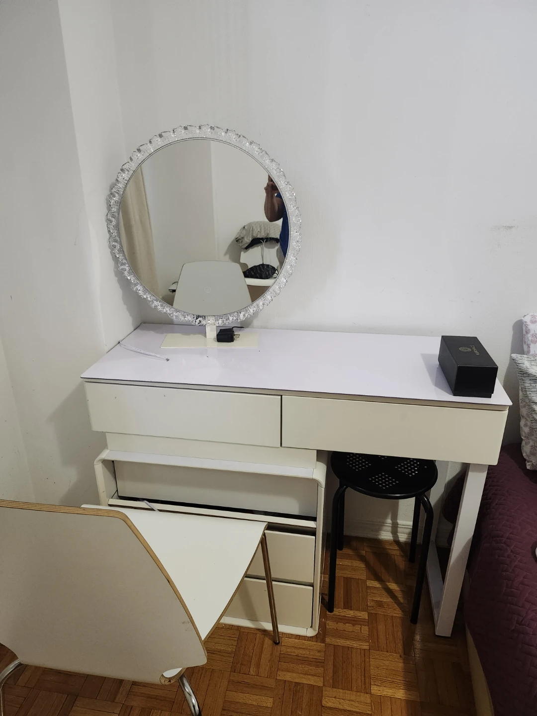 White Vanity Table with Mirror and Stool