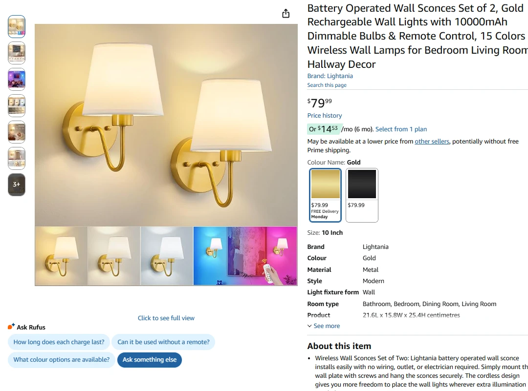 Battery Operated Wall Sconces Set of 2, Gold - photo 2