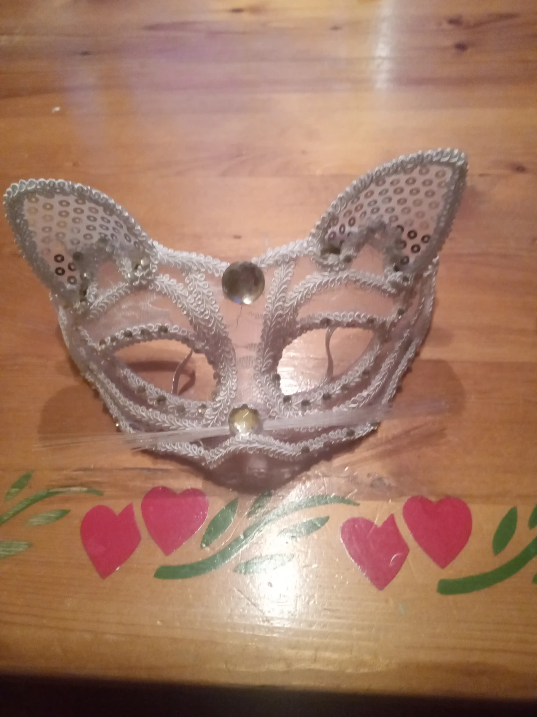 White Lace Cat Ear Masquerade Mask with Sequins and Jewels